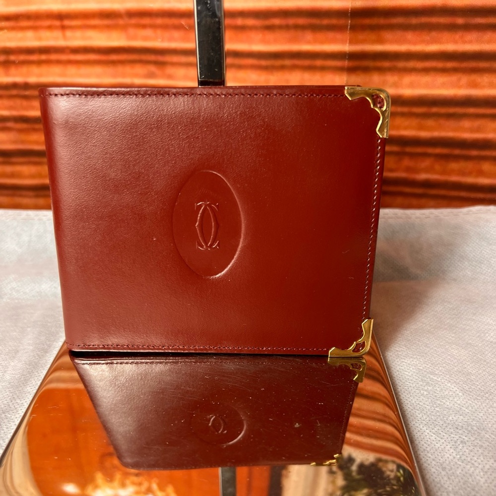 Vintage Cartier Burgundy Leather Wallet with Gold Details, card slots, ID slot